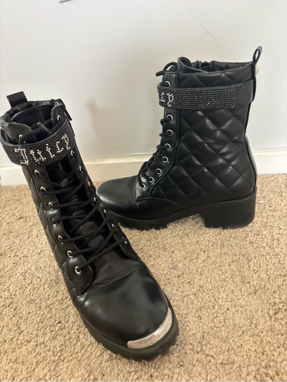 Juicy Couture Black Quilted Lace-Up Ankle Boots w Embellished Rhisestone Strap
